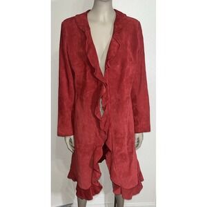 VTG Margaret Godfrey Vibrant Red Suede Leather Ruffle Trench Coat Petite Sz 8P